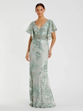 Mac Duggal Bell Sleeve Floral Embellished Long Maxi Gown Sequins Lace Seafoam 10